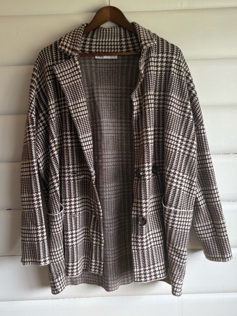 Zara Houndstooth Knit Blazer Cardigan Brown Cream Size M